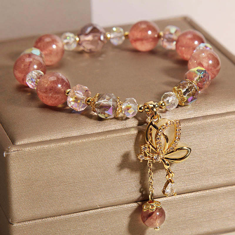 Natural Strawberry Quartz Healing Positive Butterfly Charm Bracelet