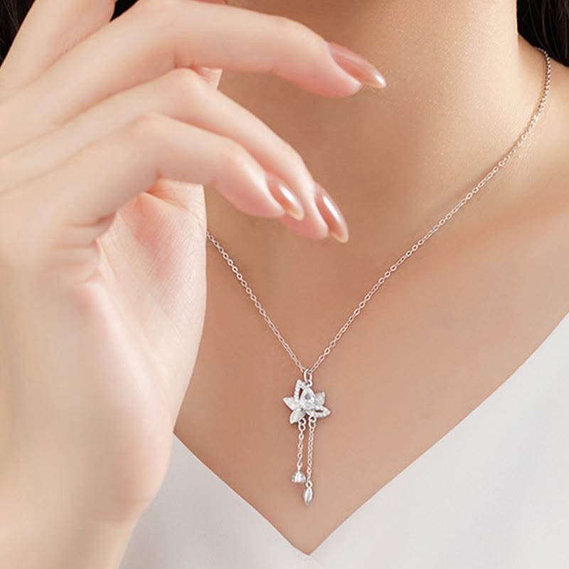 925 Sterling Silver Lotus Zircon Enlightenment Necklace Pendant