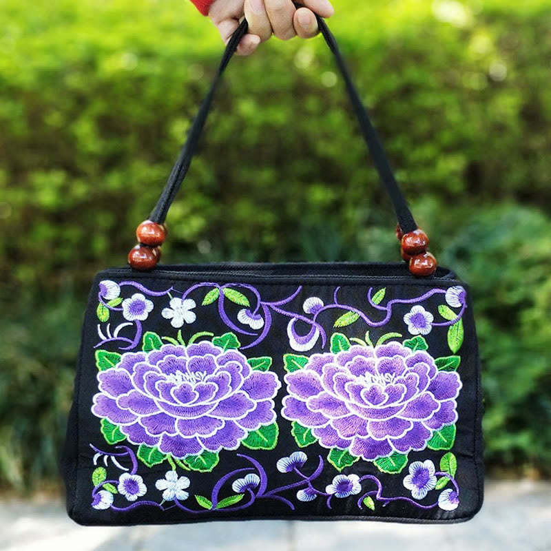 Galsang Inula Flower Peony Peacock Double-Sided Embroidery Canvas Shopping Purse Handbag