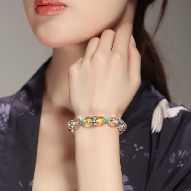 925 Sterling Silver Chinese Zodiac Natal mystic zen Auspicious Groups White Crystal Hetian Jade Healing Bracelet