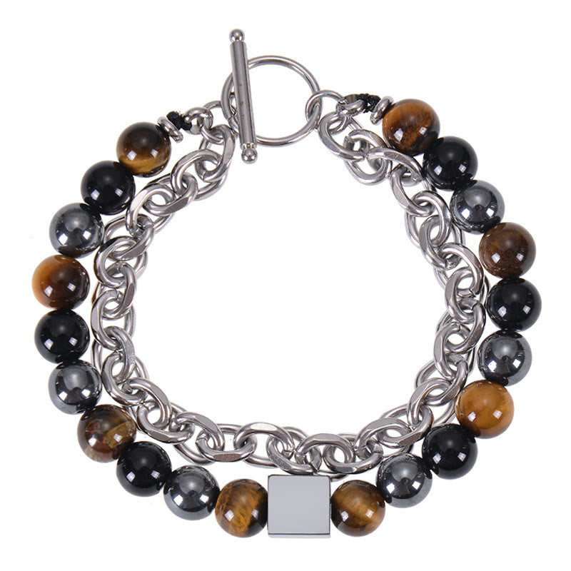 Colorful Tiger Eye Frosted Stone Black Magnetite Titanium Steel Double Wrap Protection Bracelet