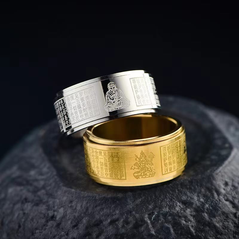 Chinese Zodiac Natal mystic zen Heart Sutra Carved Titanium Steel Calm Rotatable Ring