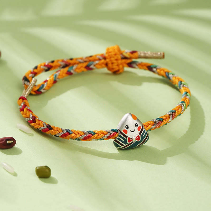 925 Sterling Silver Dragon Boat Festival Zongzi Pattern Luck Handmade Multicolored Rope Child Adult Bracelet