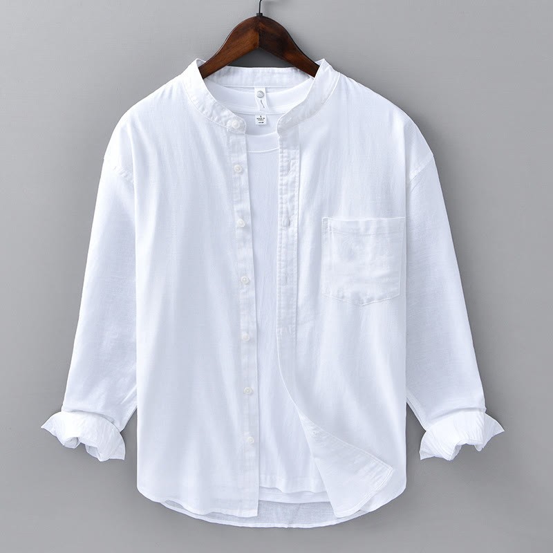 Men's Long Sleeve Stand Collar With Pocket Pure Color Casual Cotton Linen Shirt