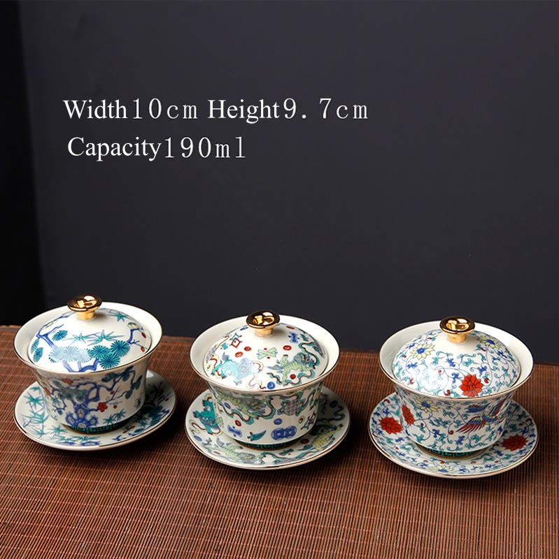 Retro Plum Blossom Pine Bamboo Phoenix Kirin Ceramic Gaiwan Sancai Teacup Kung Fu Tea Cup and Saucer with Lid