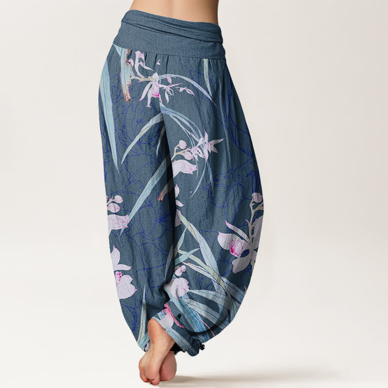 Weeds Plant Wilting Flowers Pattern Women's Elastic Waist Harem Pants