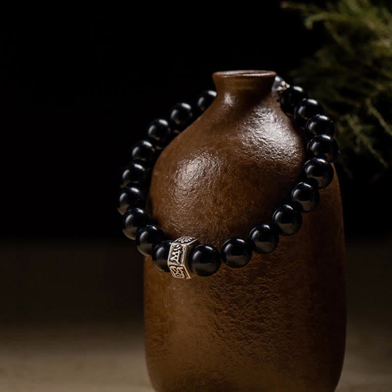 Chinese Zodiac Natal mystic zen 925 Sterling Silver Black Obsidian Moonstone Strength Bracelet