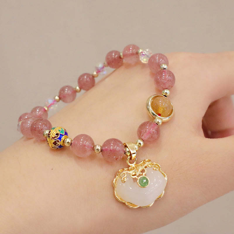 Strawberry Quartz Green Crystal Amethyst Healing Chinese Lock Charm Bracelet