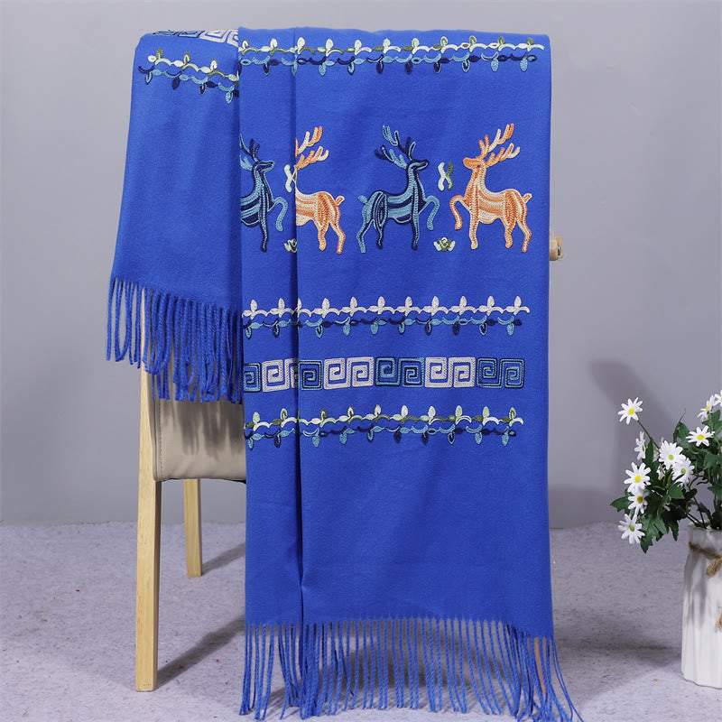 Rayon Fabric Shawl Sika Deer Embroidery Tassel Winter Cozy Travel Scarf Wrap