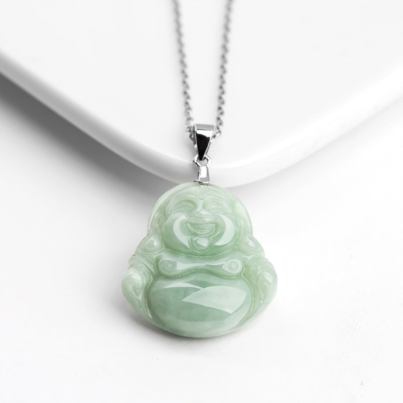 925 Sterling Silver Laughing mystic zen Jade Blessing Necklace Chain Pendant