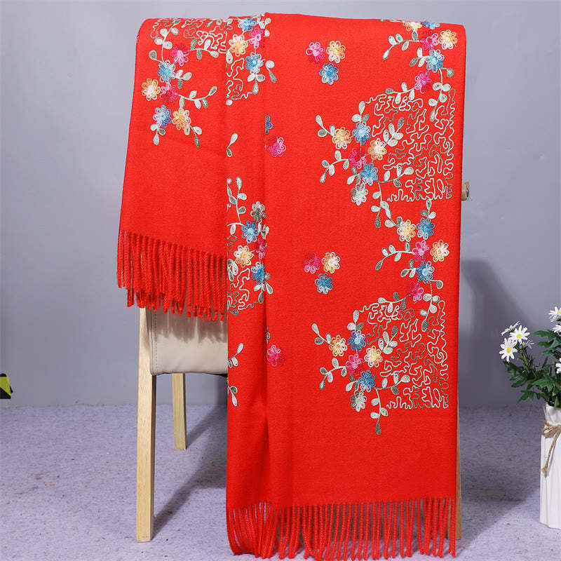 Rayon Fabric Shawl Colorful Small Flowers Embroidery Tassel Winter Cozy Travel Scarf Wrap