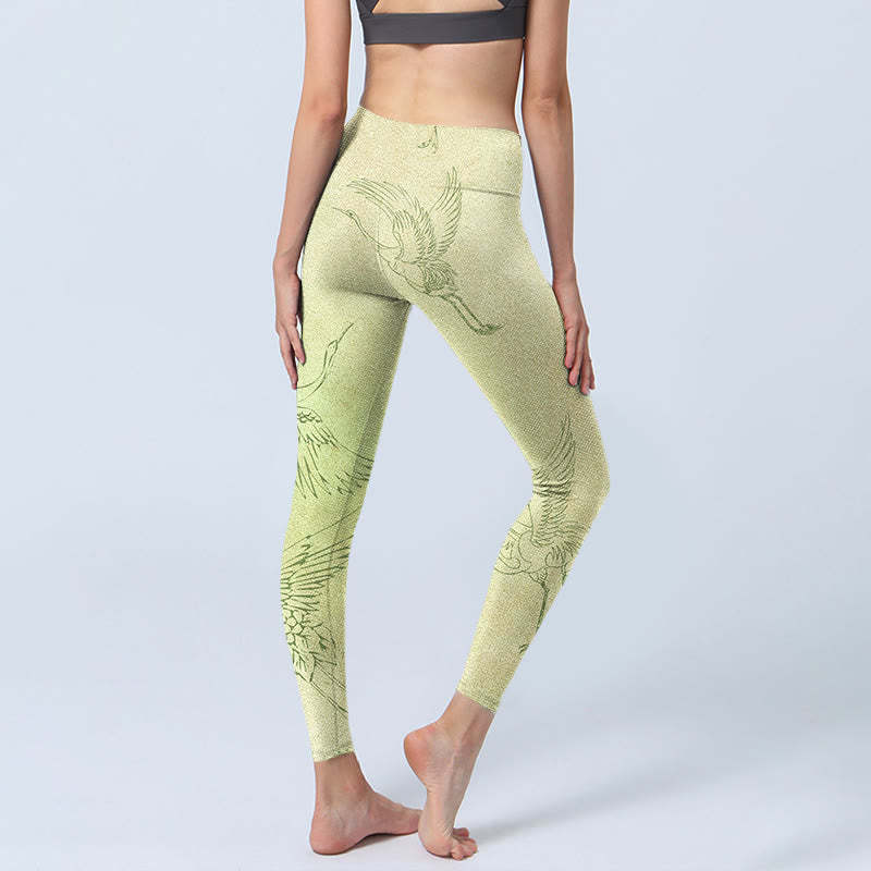 Light Yellow Crane Print Sports Leggings Women's Yoga Pants