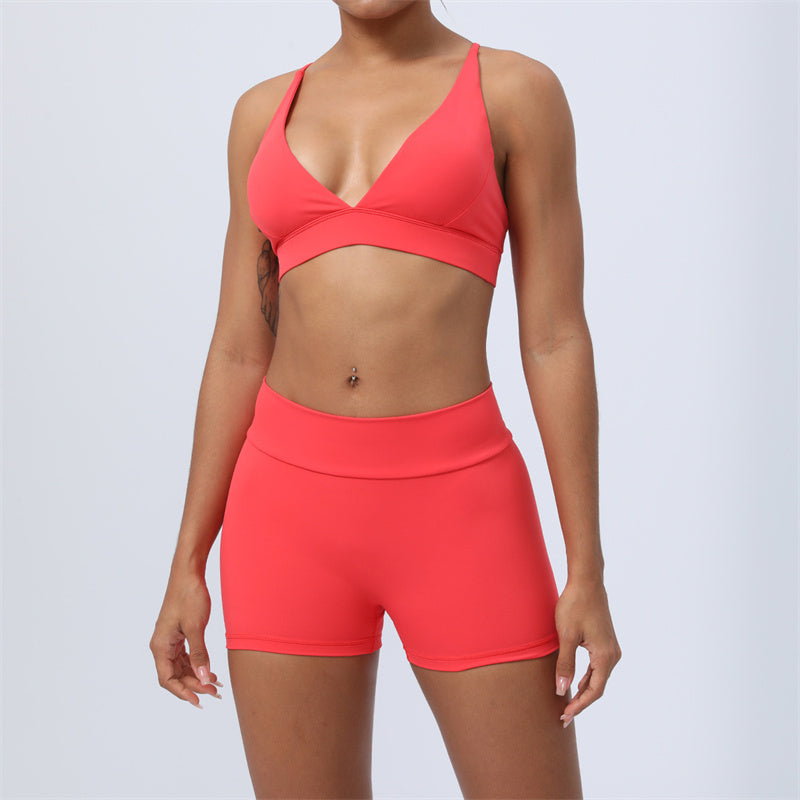 2Pcs Backless Criss-Cross Strap Design Top Bra Shorts Leggings Pants Fitness Yoga Outfit Set