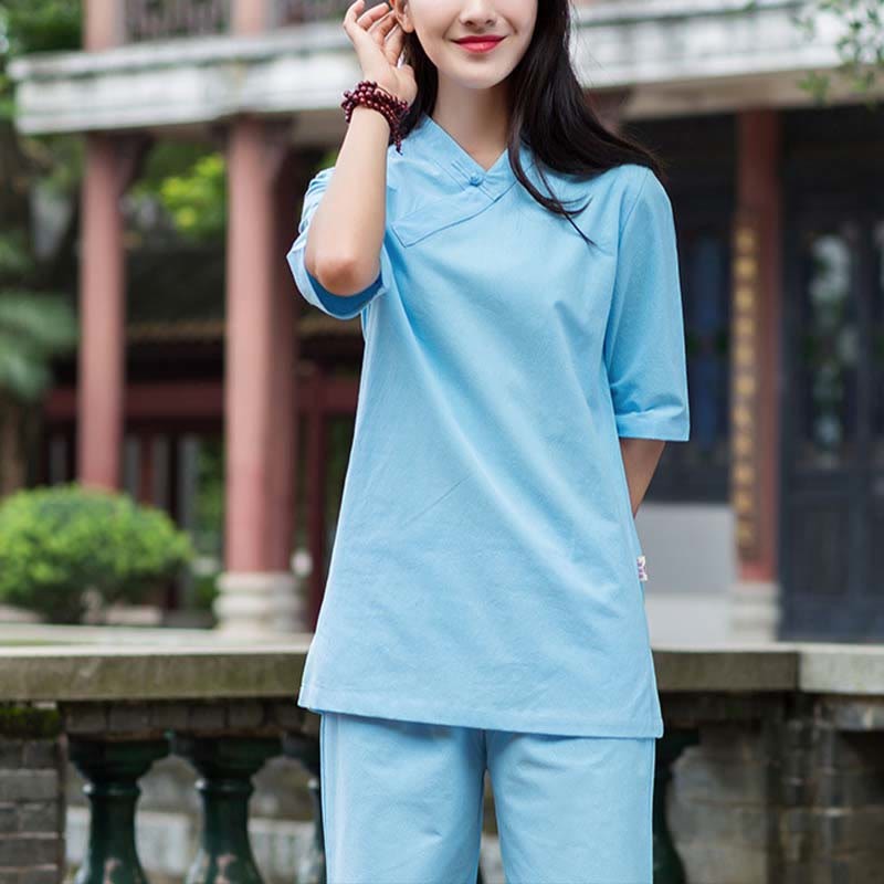 2Pcs Half Sleeve V-Neck Shirt Top Pants Meditation Zen Tai Chi Linen Clothing Women's Set