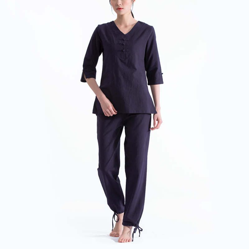 Yoga Meditation Prayer V-neck Design Cotton Linen Clothing Uniform Zen Practice Women's Set