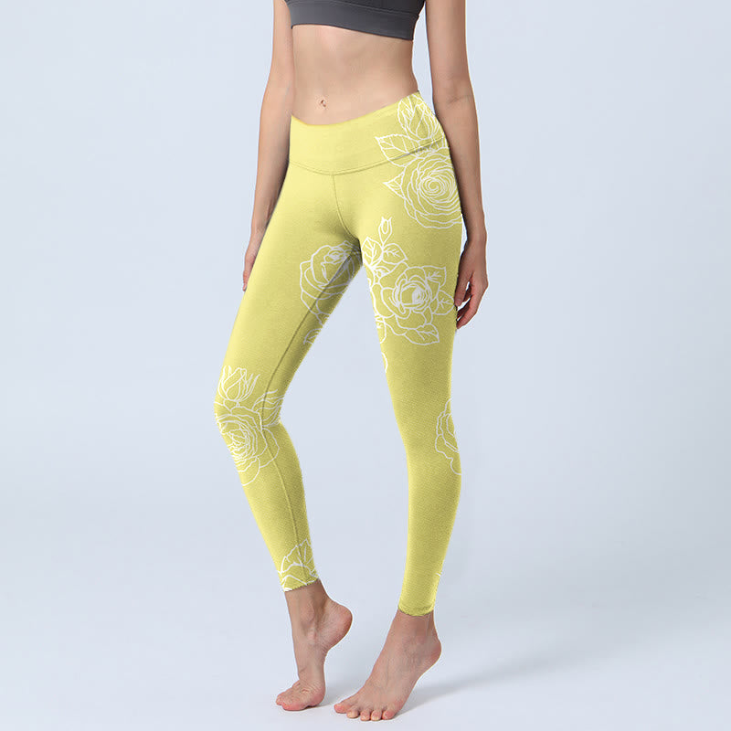 Yellow Rose Print Fitness Leggings Women's Yoga Pants