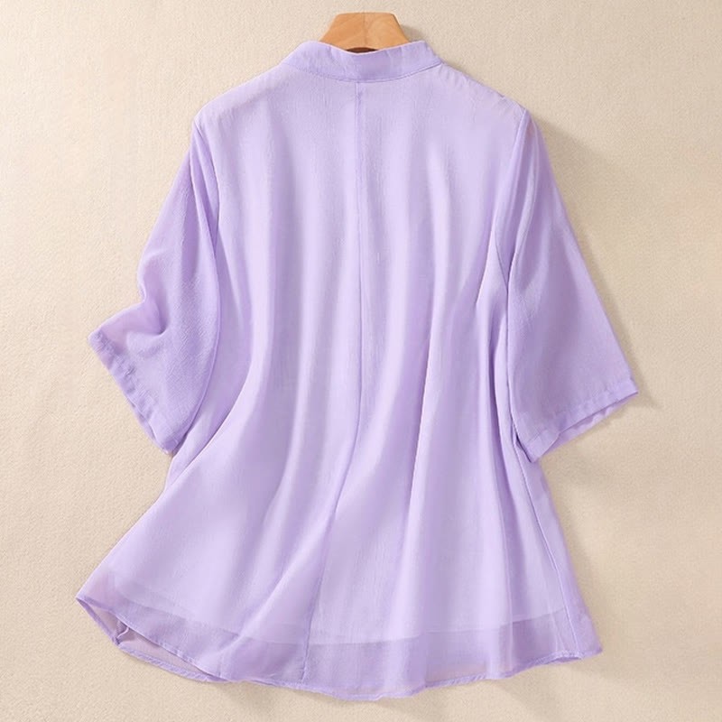 Embroidery Plants Flower Half Sleeve Plain Frog-Button Stand Collar Women's Shirt