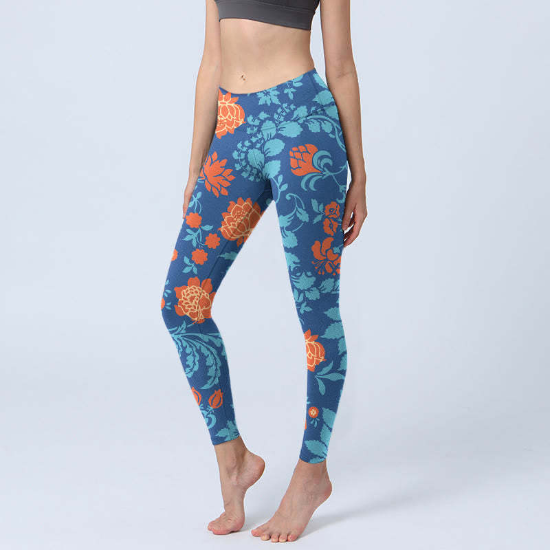 Steel Blue Red Tulips Flowers Leaves Print Gym Leggings Women's Yoga Pants