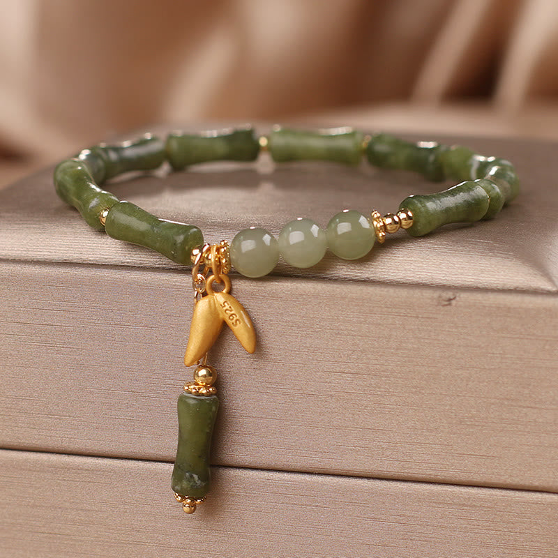 Green Bamboo Jade Leaf Pattern Wealth Luck Bracelet