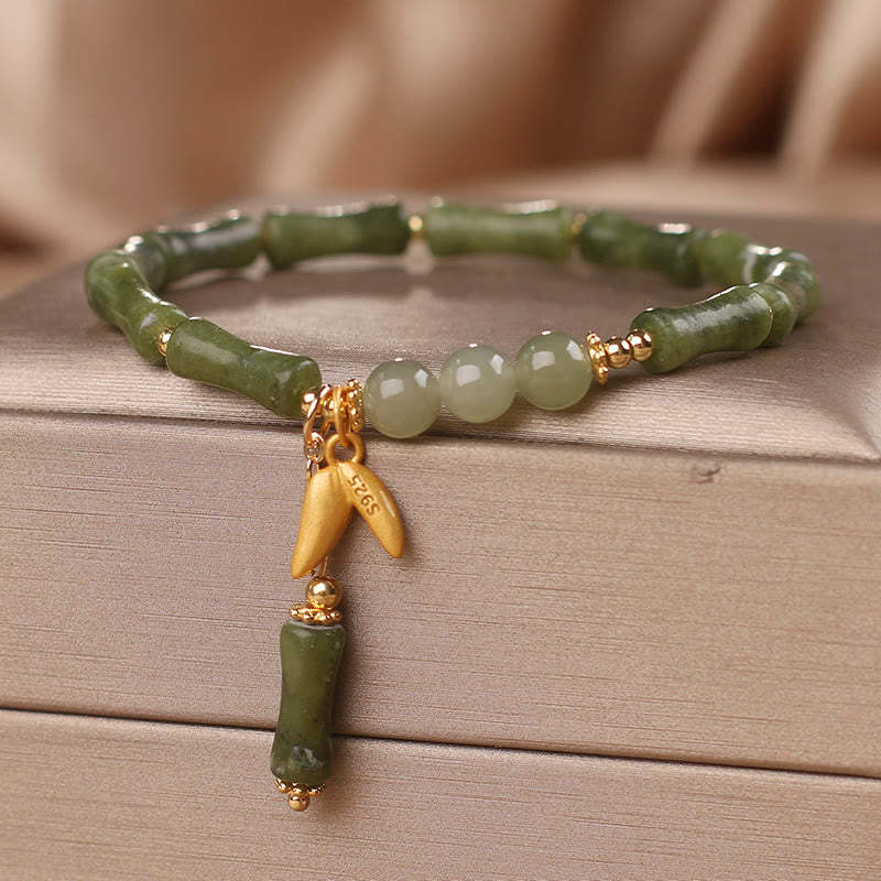 Green Bamboo Jade Leaf Pattern Wealth Luck Bracelet