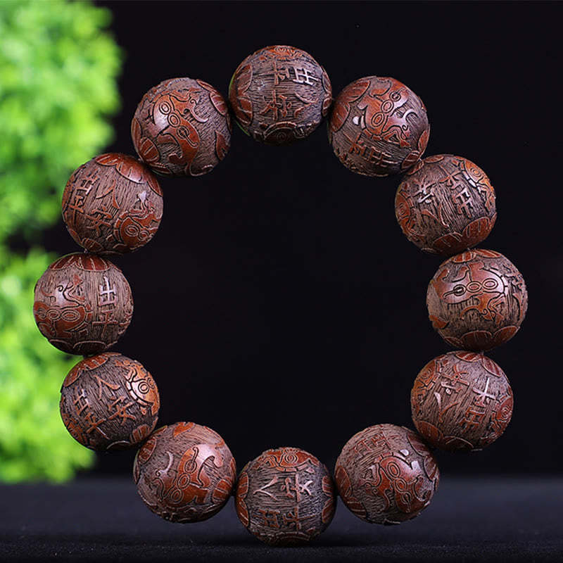 Chinese Zodiac Rosewood Ebony Boxwood Copper Coin PiXiu Carved Warmth Bracelet