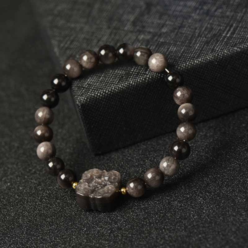 Silver Sheen Obsidian Lotus Flower Nine Tailed Fox Laughing mystic zen Protection Bracelet