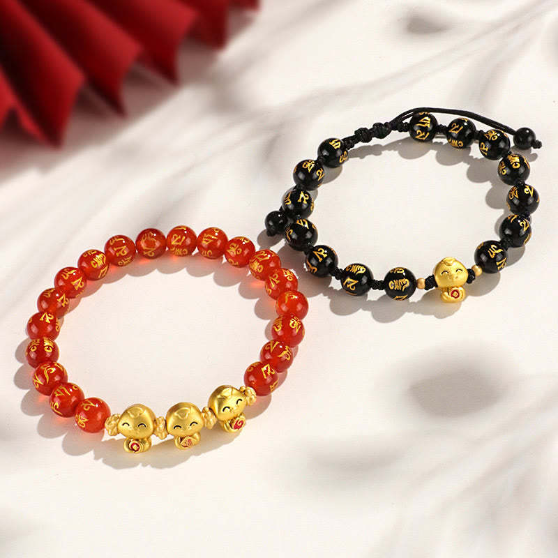 Red Agate Black Onyx Bead Copper Year Of The Snake Fu Character Om Mani Padme Hum Happiness Bracelet