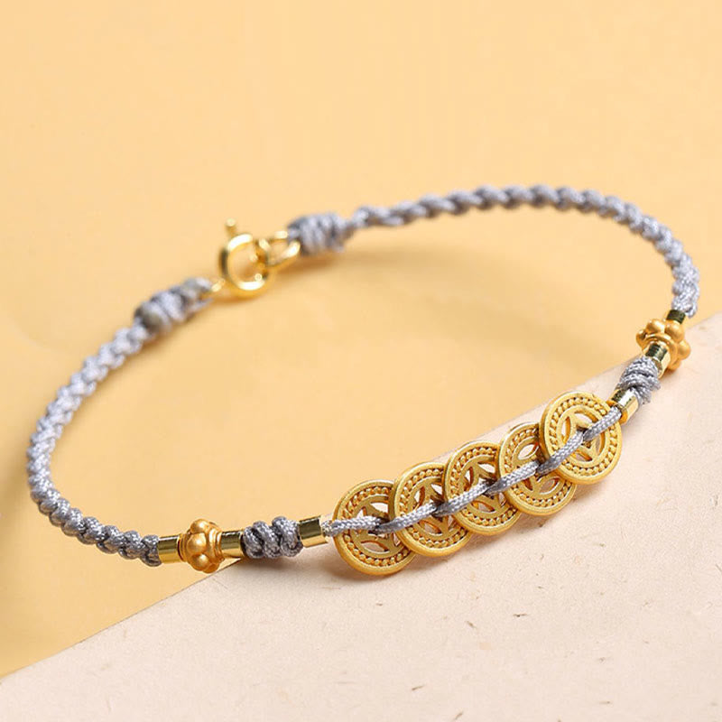 Copper Coin Fortune Tree Pearl Luck Blue Rope Braided Bracelet