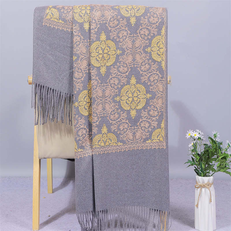 Polyester Shawl Symmetry Gold Filigree Embroidery Tassel Winter Cozy Travel Scarf Wrap