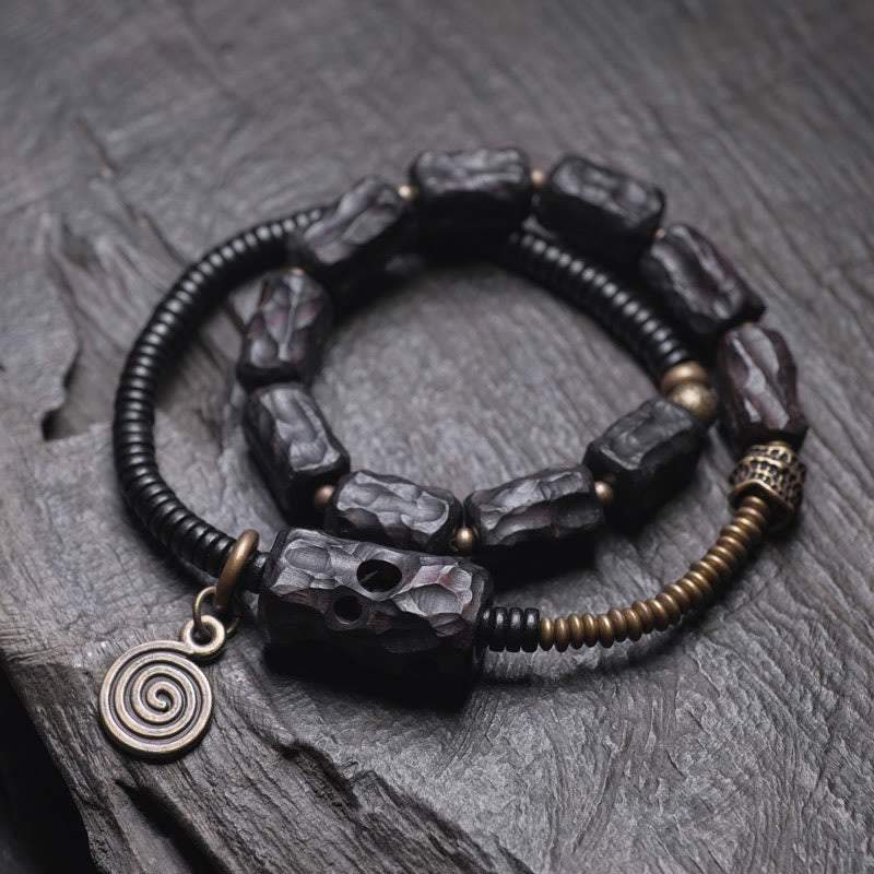 Ebony Wood Copper Brass Red Agate Peace Double Wrap Bracelet