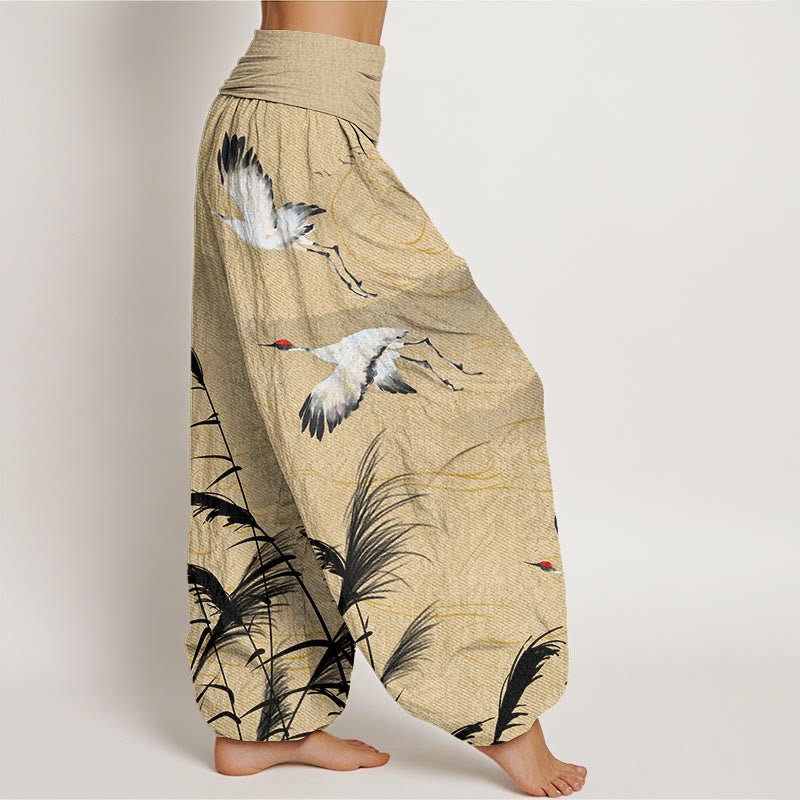Flying Crane Auspicious Clouds Wild Grasses Mountain Pattern Women's Elastic Waist Harem Pants