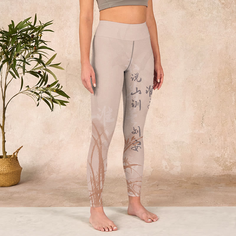 Calligraphy Orchid Print Gym Leggings Women's Yoga Pants