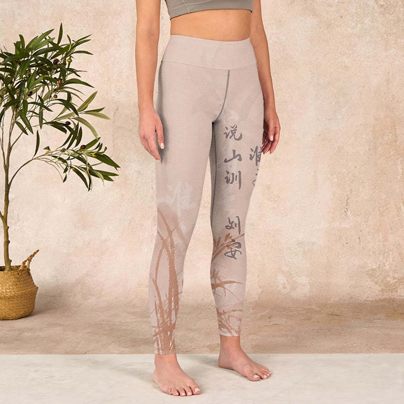 Calligraphy Orchid Print Gym Leggings Women's Yoga Pants