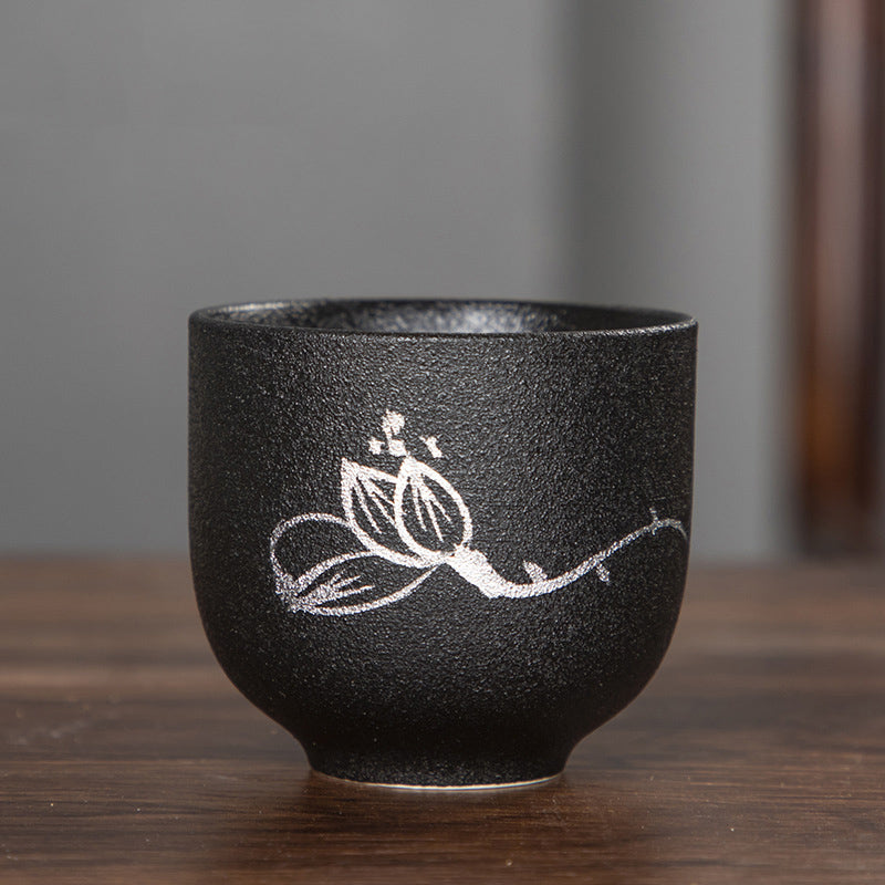Hand Painted Lotus Flower Bamboo Chrysanthemum Black Pottery Ceramic Teacup Kung Fu Tea Cup 95ml