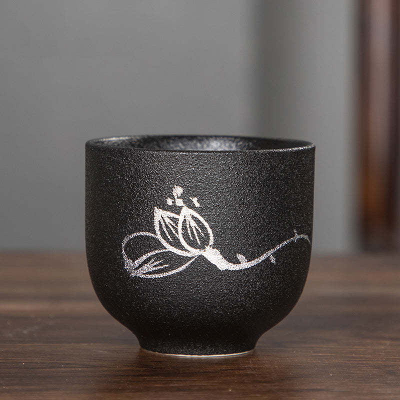 Hand Painted Lotus Flower Bamboo Chrysanthemum Black Pottery Ceramic Teacup Kung Fu Tea Cup 95ml
