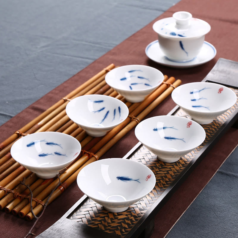 Jingdezhen Blue and White Porcelain Koi Fish Ceramic Teacup Kung Fu Tea Cups