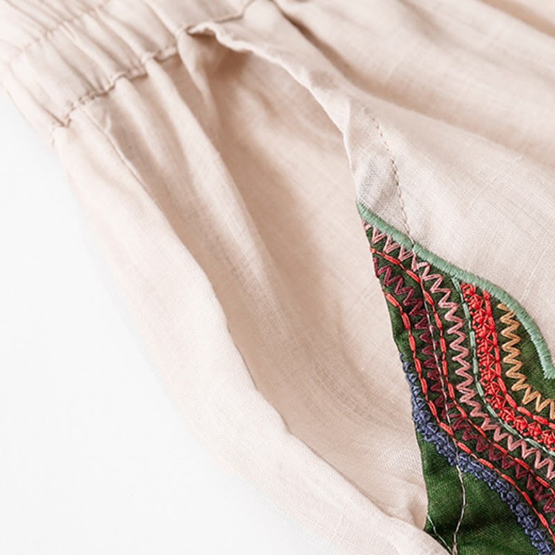 Summer Embroidery Double Layer Cotton Linen Women's Wide Leg Pants With Pockets