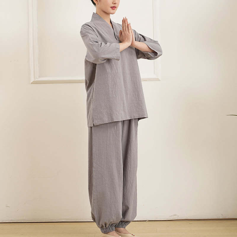 2Pcs V-Neck Three Quarter Sleeve Shirt Top Pants Meditation Zen Tai Chi Cotton Linen Clothing Women's Set