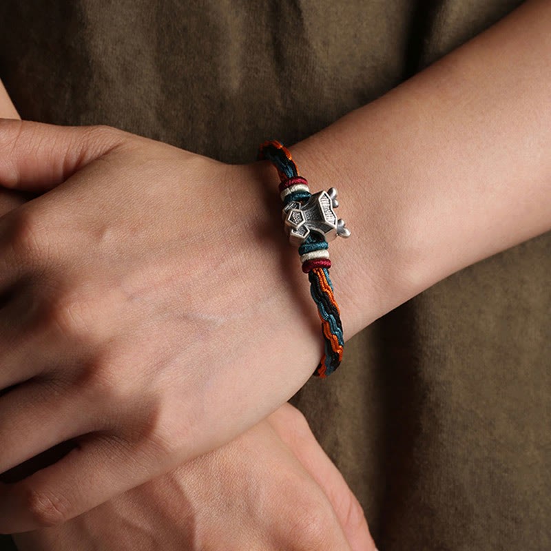 Handmade 999 Sterling Silver Year of the Dragon Chinese Zodiac Protection Colorful Reincarnation Knot Rope Bracelet