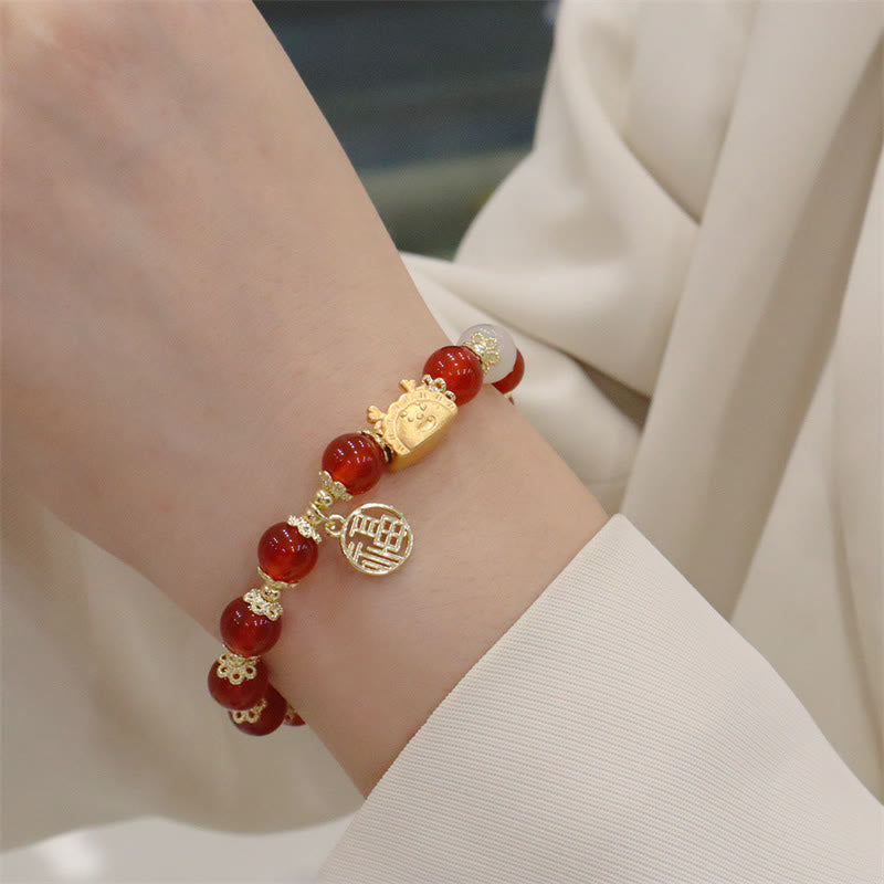 Year Of The Dragon Red Agate Strawberry Quartz Black Obsidian Jade Garnet Pearl Cinnabar Dumpling Dragon Luck Fu Character Bracelet
