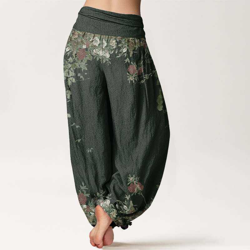 Casual Red Peony Flower Vine Design Women's Elastic Waist Harem Pants