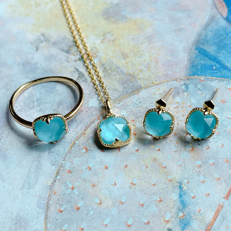 925 Sterling Silver Plated Gold Turquoise Protection Ring Earrings Necklace Pendant Set