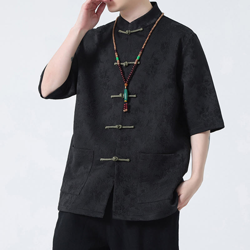 Solid Color Jacquard Frog-button Chinese Half Sleeve Shirt Men T-shirt
