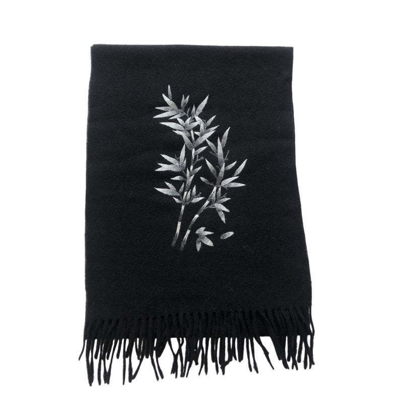 Wool Shawl Bamboo Leaf Embroidery Tassel Winter Cozy Travel Scarf Wrap