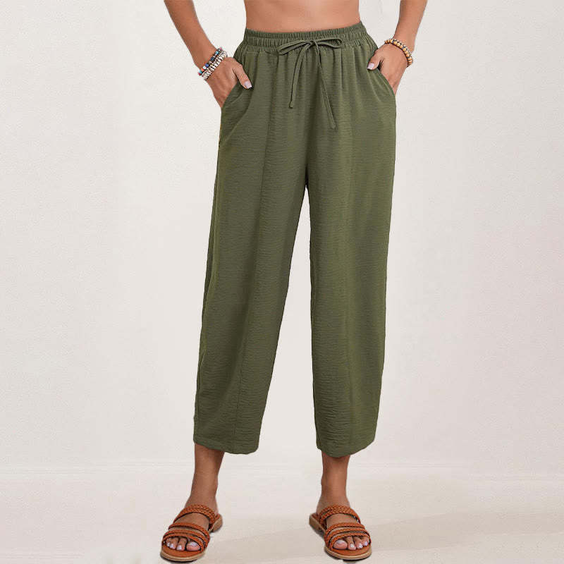 Casual Plain Loose Drawstring Women's Polyester 7/8 Length Pants  With Pockets