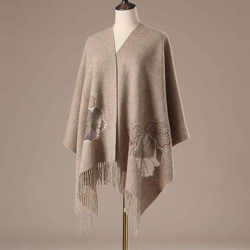Wool Shawl Lotus Leaf Embroidery Tassel Winter Cozy Travel Scarf Wrap