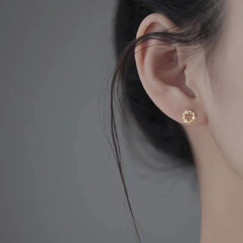 925 Sterling Silver Posts Copper Metal Tiny Wreath Stud Blessing Flower Earrings