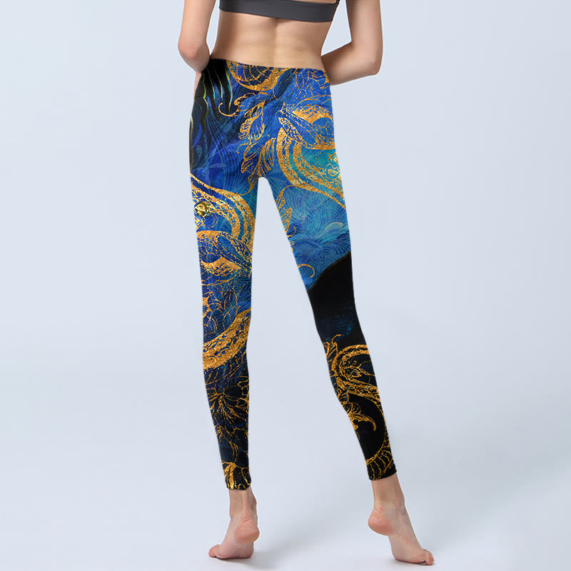 Black Snake Butterfly Flower Leaves Print Gym Leggings Women's Yoga Pants