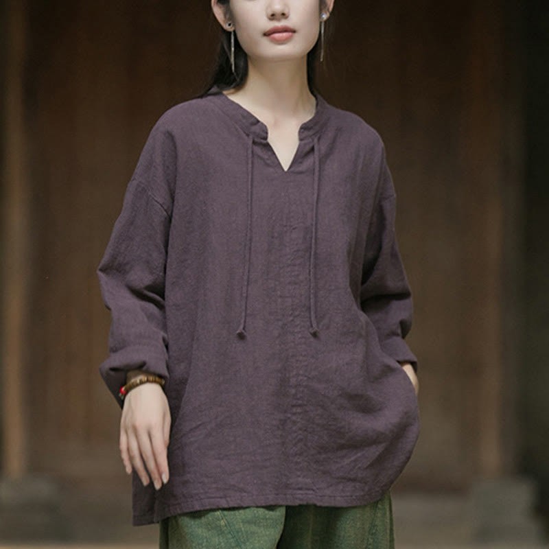 Retro Solid Color Long Sleeve Ramie Linen Women's Shirt