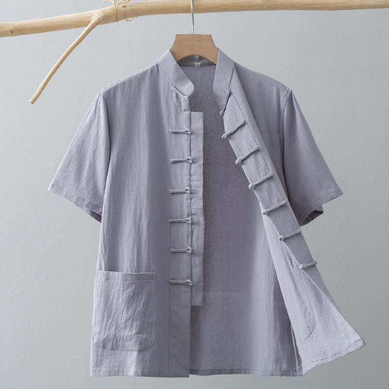 Chinese Frog-Button Tang Suit Men's Short Sleeve Shirt Cotton Linen Clothing With Pockets